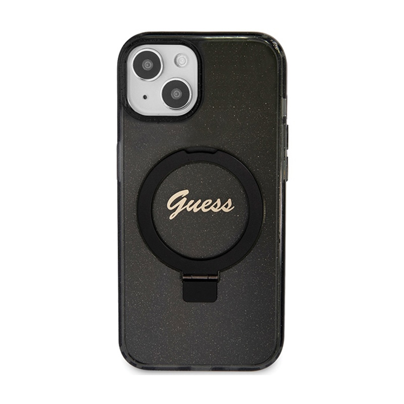 Guess Ring Stand Script Glitter MagSafe - Etui iPhone 15 (czarny)