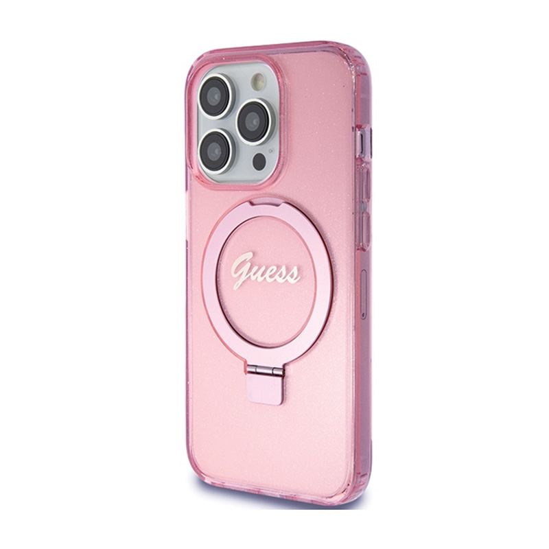 Guess Ring Stand Script Glitter MagSafe - Etui iPhone 15 Pro Max (różowy)
