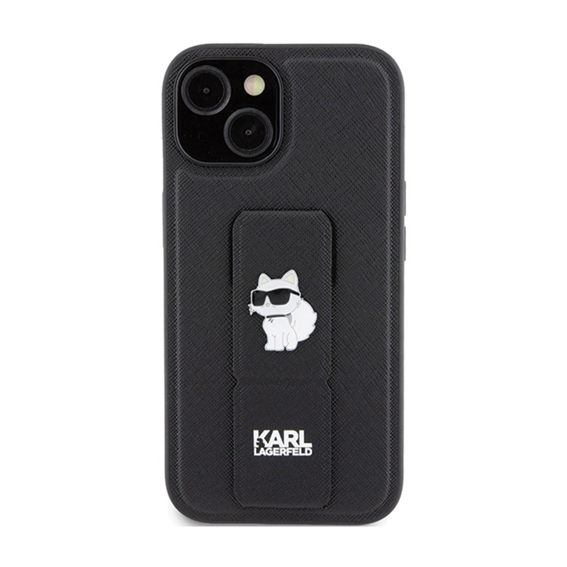 Karl Lagerfeld Gripstand Saffiano Choupette Pins - Etui iPhone 15 Plus (czarny)