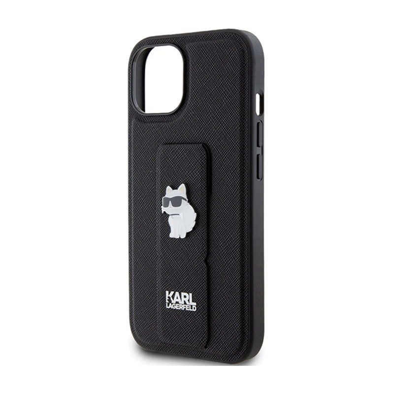 Karl Lagerfeld Gripstand Saffiano Choupette Pins - Etui iPhone 15 Plus (czarny)