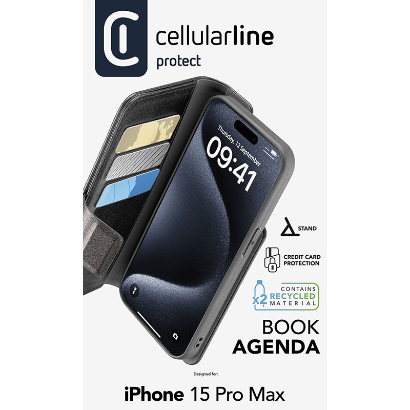 Cellularline Book Agenda - Etui iPhone 15 Pro Max z powłoką MICROBAN (czarny)