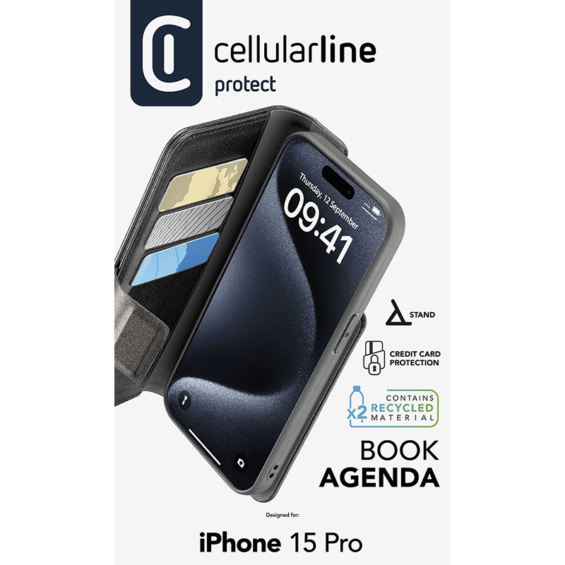 Cellularline Book Agenda - Etui iPhone 15 Pro z powłoką MICROBAN (czarny)