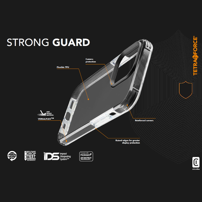Cellularline Tetra Force Strong Guard - Etui iPhone 15 Pro z powłoką MICROBAN (przezroczysty)