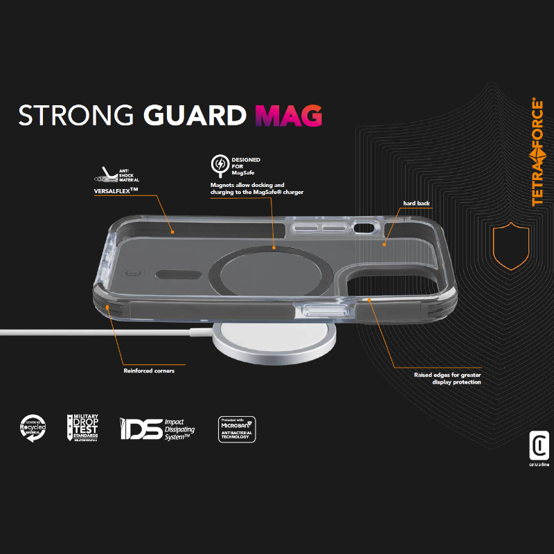 Cellularline Tetra Force Strong Guard Mag - Etui iPhone 15 Pro MagSafe z powłoką MICROBAN (przezroczysty)