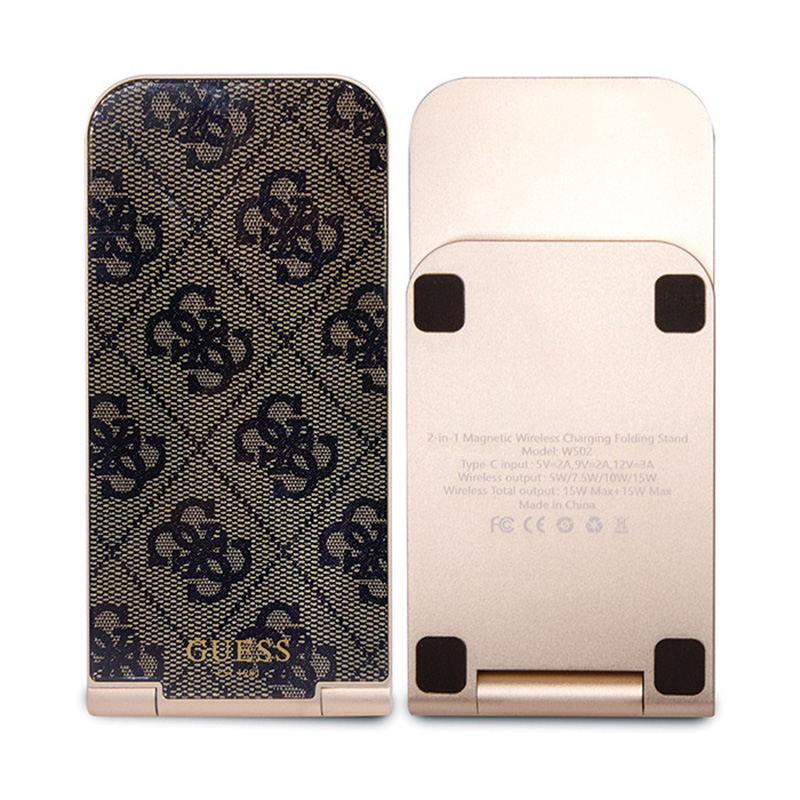 Guess 4G Pattern MagSafe - Składana ładowarka indukcyjna 2w1 z MagSafe do iPhone i AirPods 15W (brązowy)