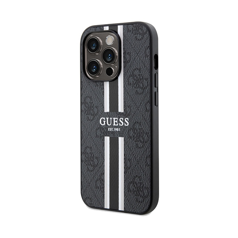 Guess 4G Printed Stripes MagSafe - Etui iPhone 15 Pro (czarny)
