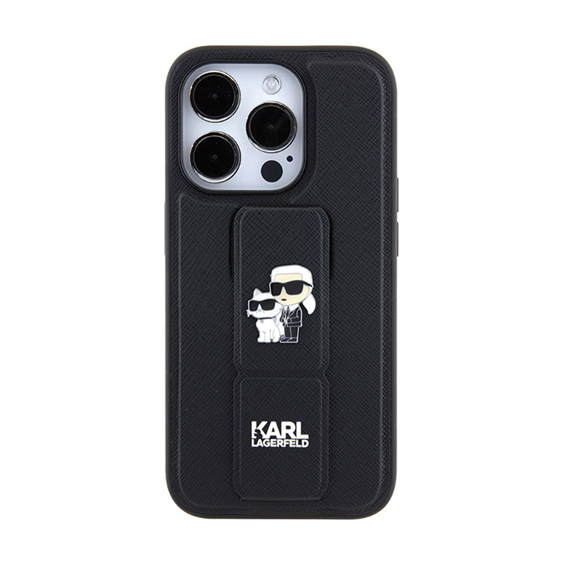 Karl Lagerfeld Gripstand Saffiano Karl & Choupette Pins - Etui iPhone 14 Pro (czarny)