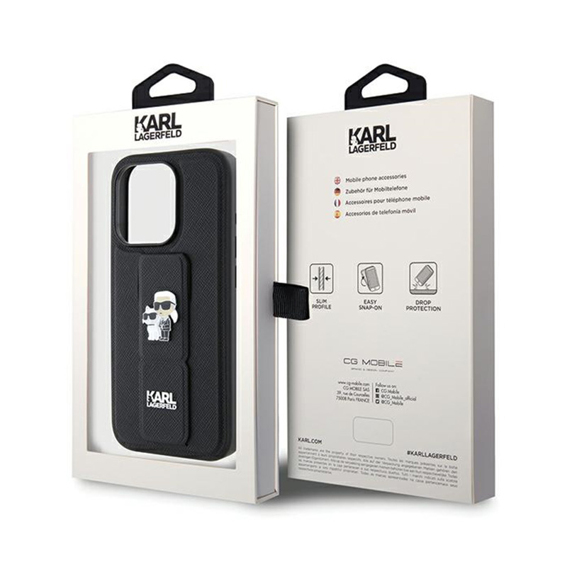 Karl Lagerfeld Gripstand Saffiano Karl & Choupette Pins - Etui iPhone 14 Pro Max (czarny)