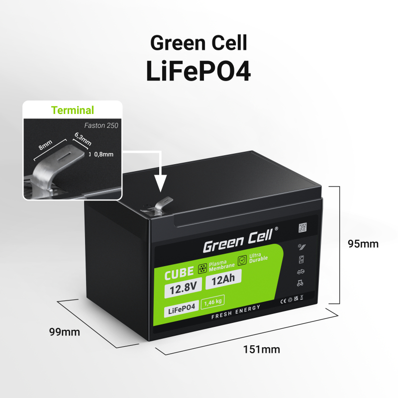 Green Cell - Akumulator LiFePO4 12V 12.8V 12Ah do systemów fotowoltaicznych, kamperów i łódek