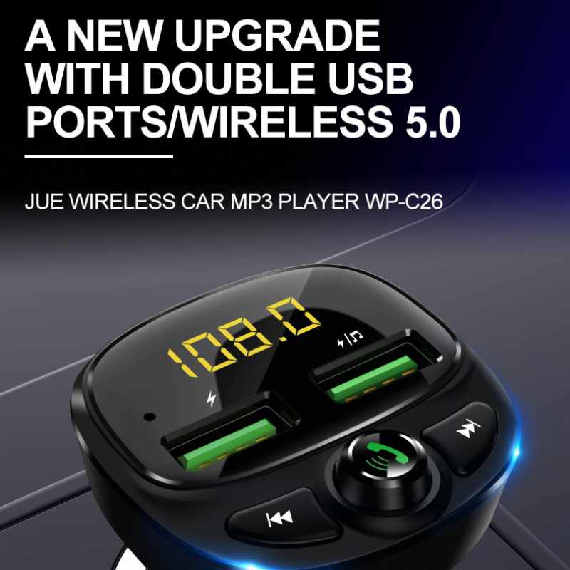 WEKOME WP-C26 - Transmiter FM Bluetooth / MicroSD / 2x USB-A + ładowarka samochodowa 17W (Czarny)
