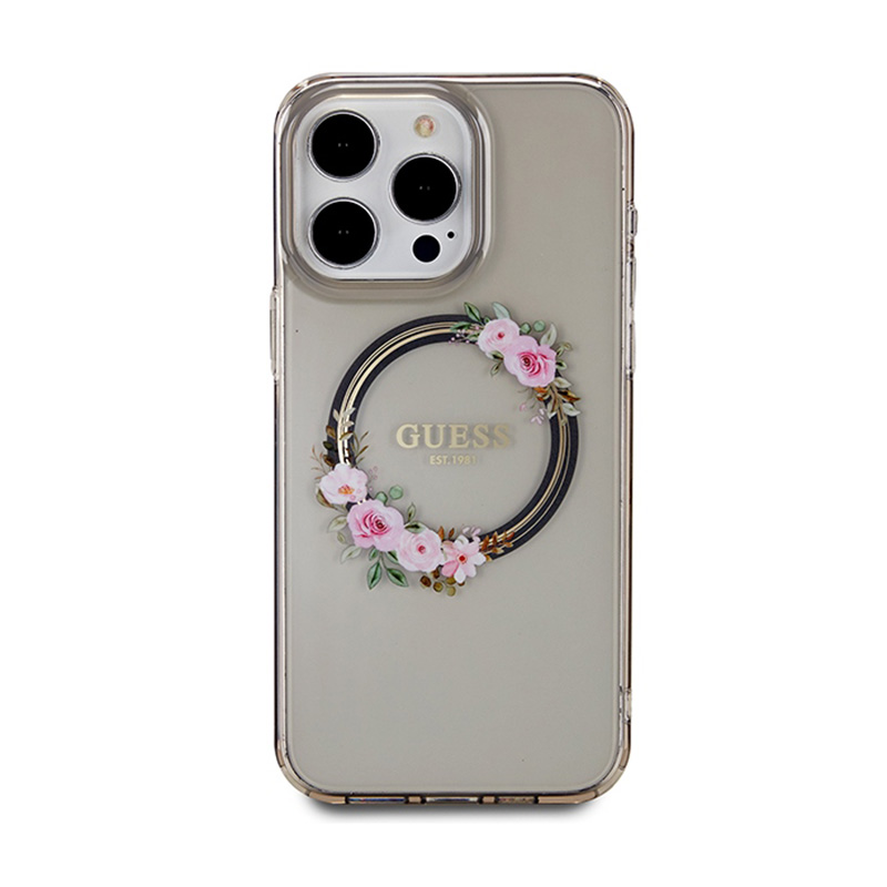 Guess IML Flowers Wreath MagSafe - Etui iPhone 15 Pro Max (czarny)