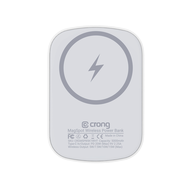 Crong MagSpot Power Bank - Bezprzewodowy power bank ultra slim z MagSafe 5000mAh, USB-C 20W PD (biały)