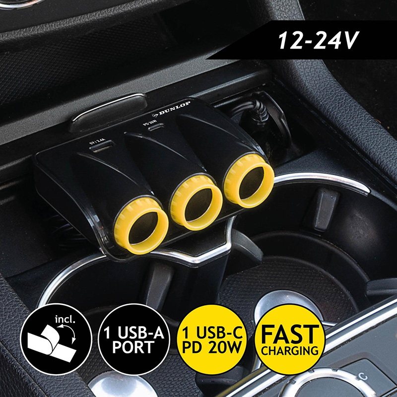 Dunlop - Ładowarka samochodowa USB-A + USB-C 20W PD / 3x rozdzielacz gniazda zapalniczki 12/24V (czarny)