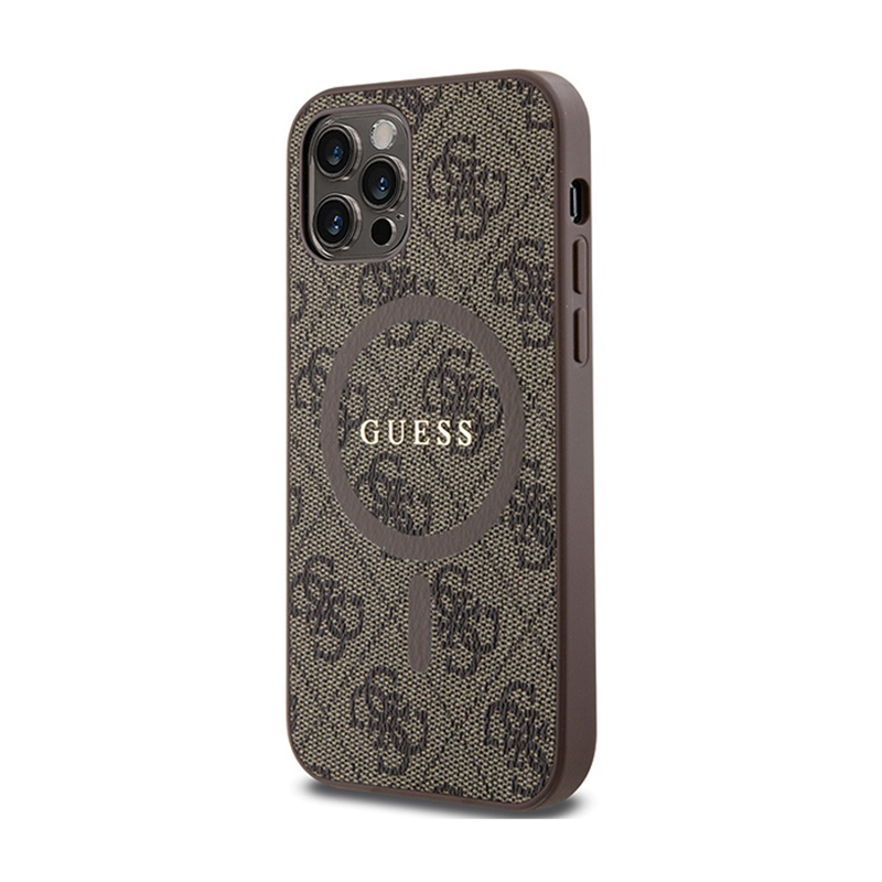 Guess 4G Collection Leather Metal Logo MagSafe - Etui iPhone 12 / iPhone 12 Pro (brązowy)