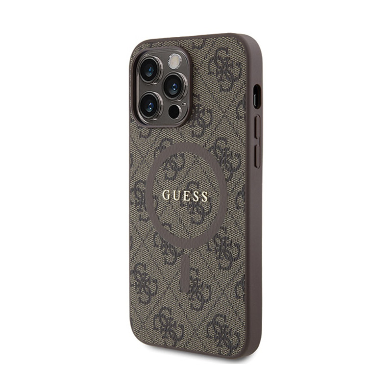 Guess 4G Collection Leather Metal Logo MagSafe - Etui iPhone 13 Pro (brązowy)
