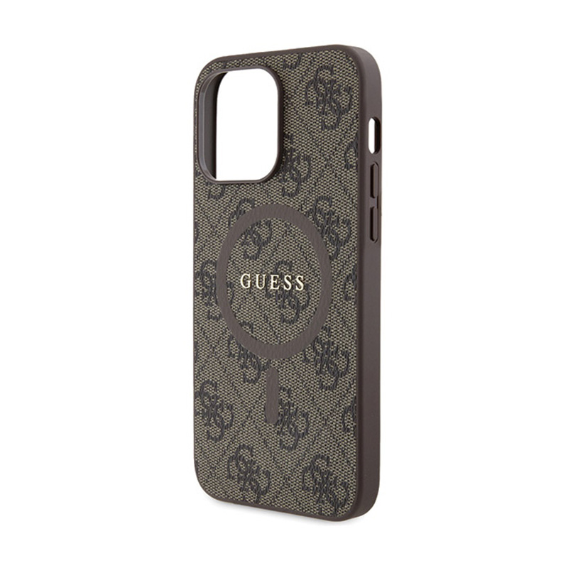 Guess 4G Collection Leather Metal Logo MagSafe - Etui iPhone 14 Pro (brązowy)