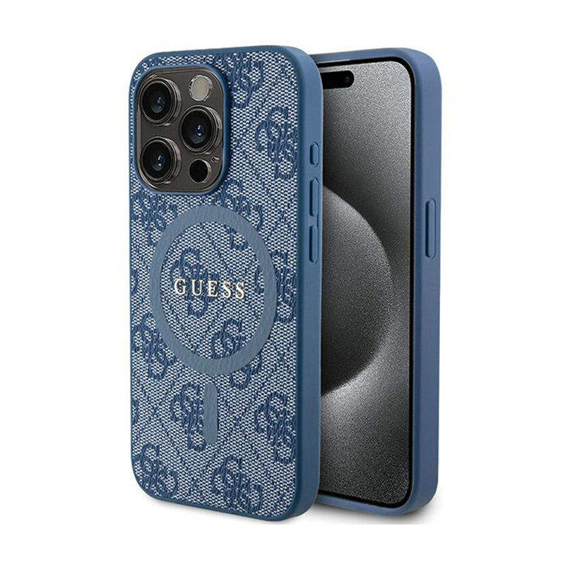 Guess 4G Collection Leather Metal Logo MagSafe - Etui iPhone 15 Pro (niebieski)