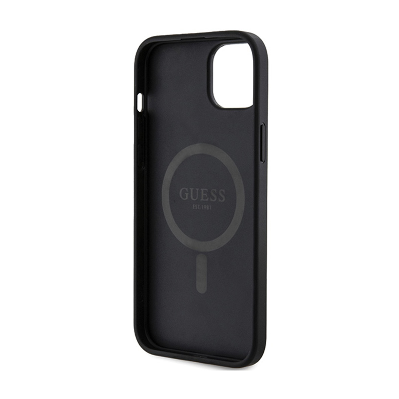 Guess 4G Collection Leather Metal Logo MagSafe - Etui iPhone 15 Plus / 14 Plus (czarny)
