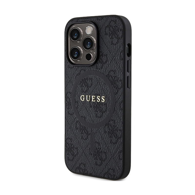Guess 4G Collection Leather Metal Logo MagSafe - Etui iPhone 15 Pro Max (czarny)