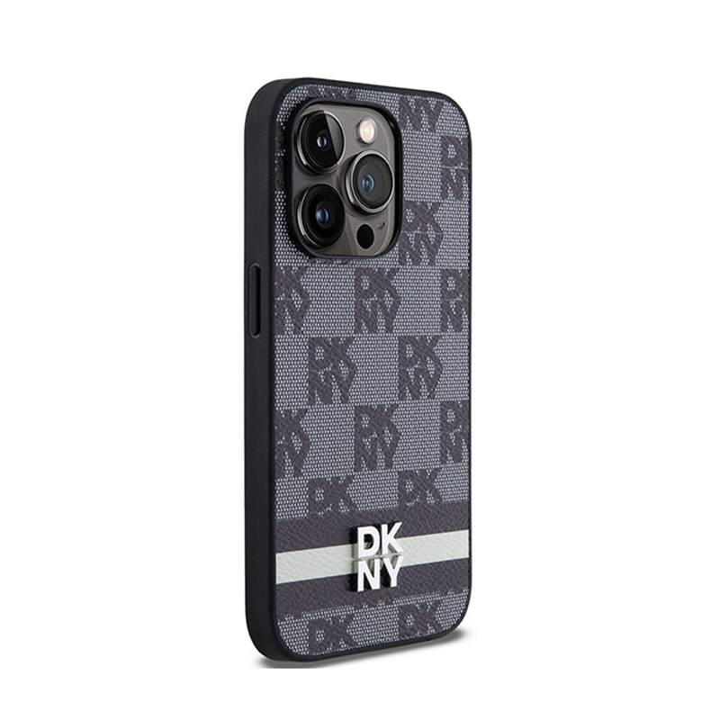 DKNY Leather Checkered Mono Pattern & Printed Stripes - Etui iPhone 14 Pro (czarny)