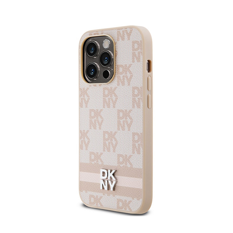 DKNY Leather Checkered Mono Pattern & Printed Stripes - Etui iPhone 14 Pro (różowy)