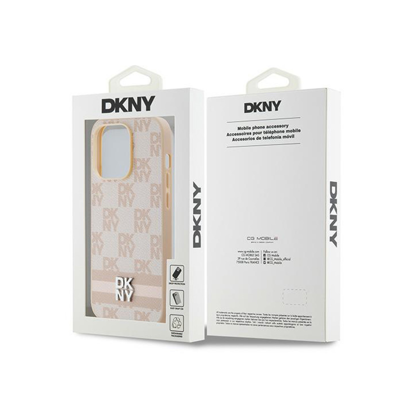 DKNY Leather Checkered Mono Pattern & Printed Stripes - Etui iPhone 14 Pro (różowy)