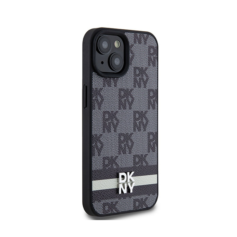 DKNY Leather Checkered Mono Pattern & Printed Stripes - Etui iPhone 14 / 15 / 13 (czarny)