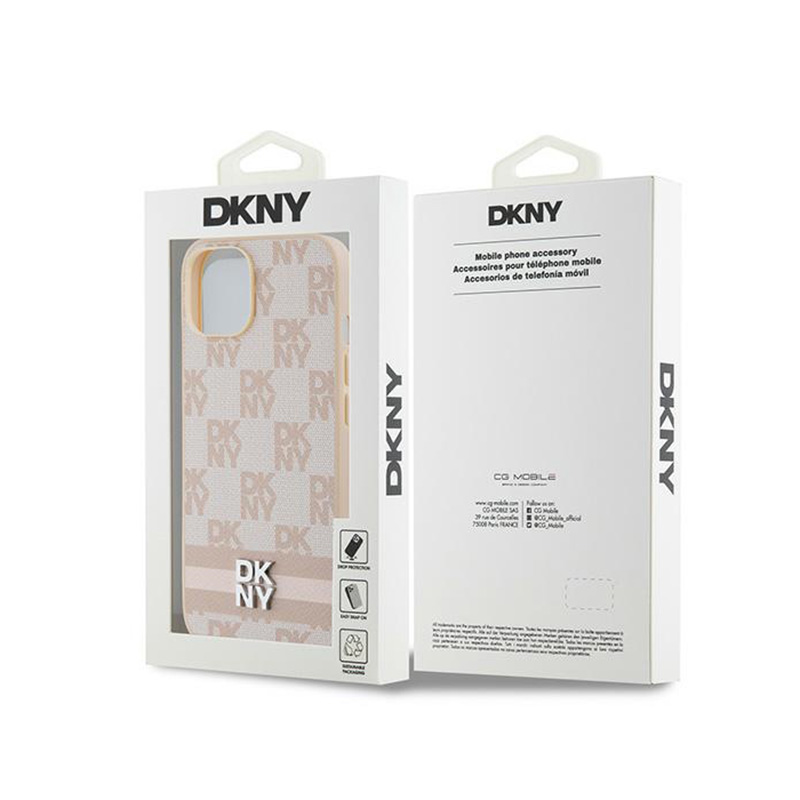 DKNY Leather Checkered Mono Pattern & Printed Stripes - Etui iPhone 14 / 15 / 13 (różowy)