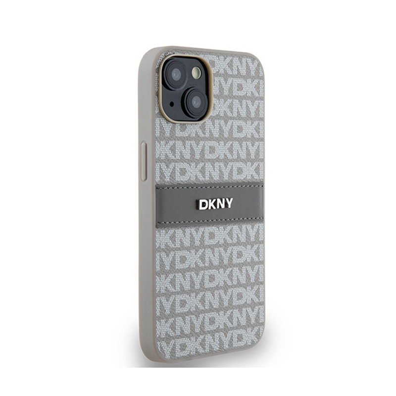 DKNY Leather Mono Stripe & Metal Logo - Etui iPhone 14 / 15 / 13 (beżowy)