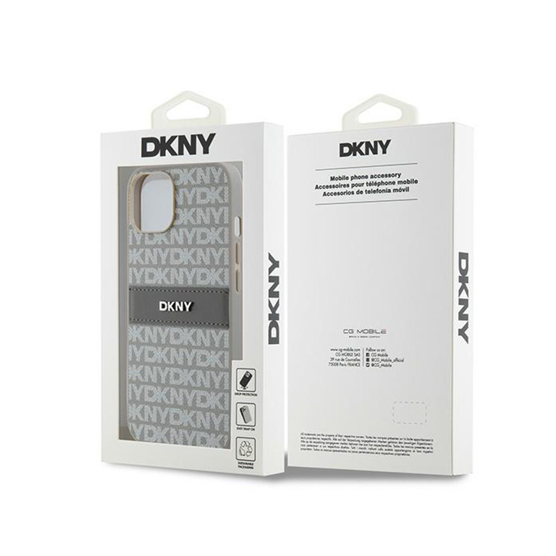 DKNY Leather Mono Stripe & Metal Logo - Etui iPhone 14 / 15 / 13 (beżowy)