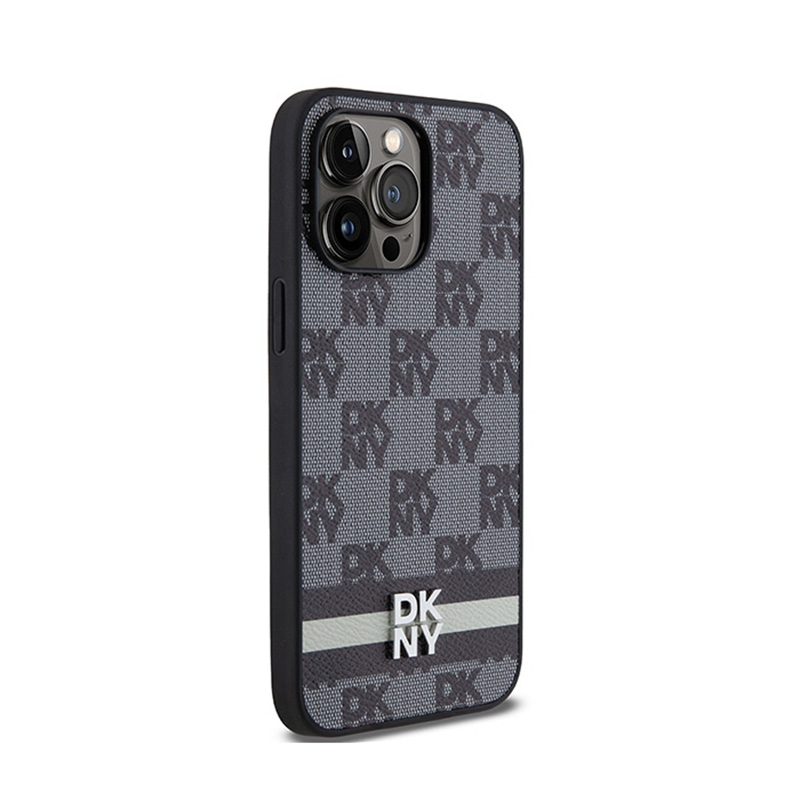 DKNY Leather Checkered Mono Pattern & Printed Stripes - Etui iPhone 14 Pro Max (czarny)