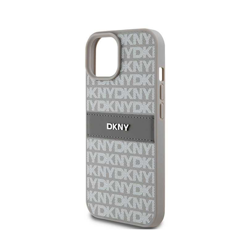 DKNY Leather Mono Stripe & Metal Logo - Etui iPhone 15 Plus / 14 Plus (beżowy)