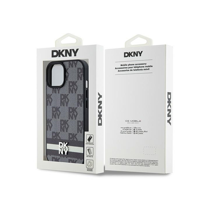 DKNY Leather Checkered Mono Pattern & Printed Stripes - Etui iPhone 15 / 14 / 13 (czarny)