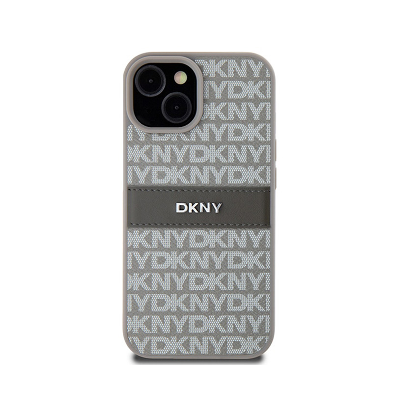 DKNY Leather Mono Stripe & Metal Logo - Etui iPhone 15 / 14 / 13 (beżowy)