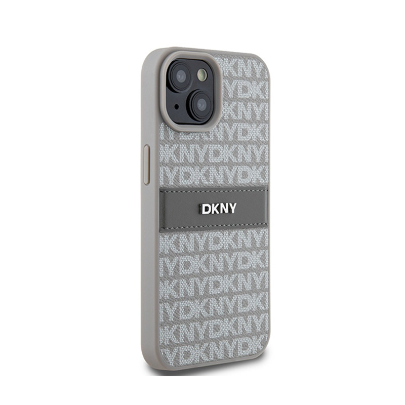 DKNY Leather Mono Stripe & Metal Logo - Etui iPhone 15 / 14 / 13 (beżowy)