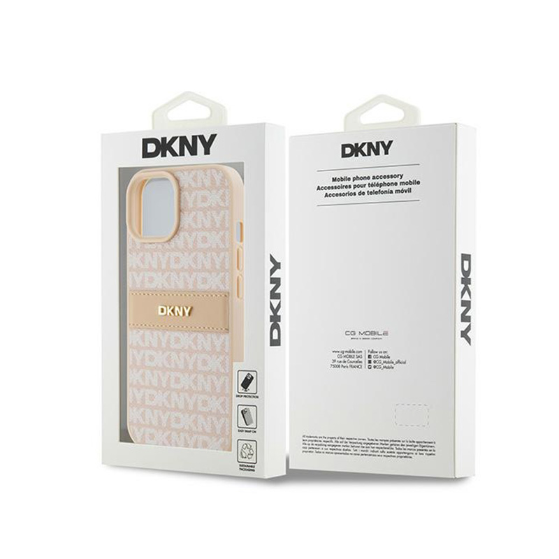 DKNY Leather Mono Stripe & Metal Logo - Etui iPhone 15 / 14 / 13 (różowy)
