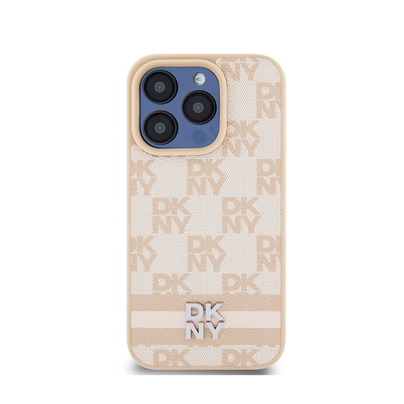 DKNY Leather Checkered Mono Pattern & Printed Stripes - Etui iPhone 15 Pro Max (różowy)