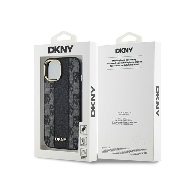 DKNY Leather Checkered Mono Pattern MagSafe - Etui iPhone 15 / 14 / 13 (czarny)