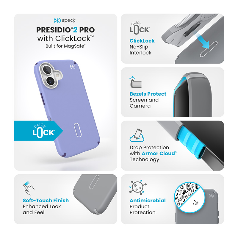 Speck Presidio2 Pro ClickLock & MagSafe - Etui iPhone 16 (Future Lavender / Cassis Purple / White)