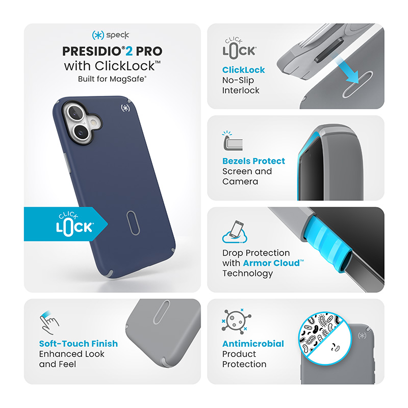 Speck Presidio2 Pro ClickLock & MagSafe - Etui iPhone 16 Plus (Coastal Blue / Dust Grey / White)