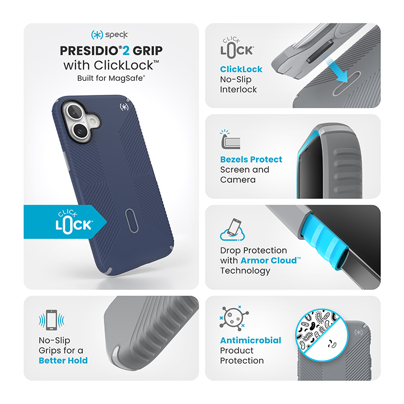 Speck Presidio2 Grip ClickLock & MagSafe - Etui iPhone 16 Plus (Coastal Blue / Dust Grey / White)