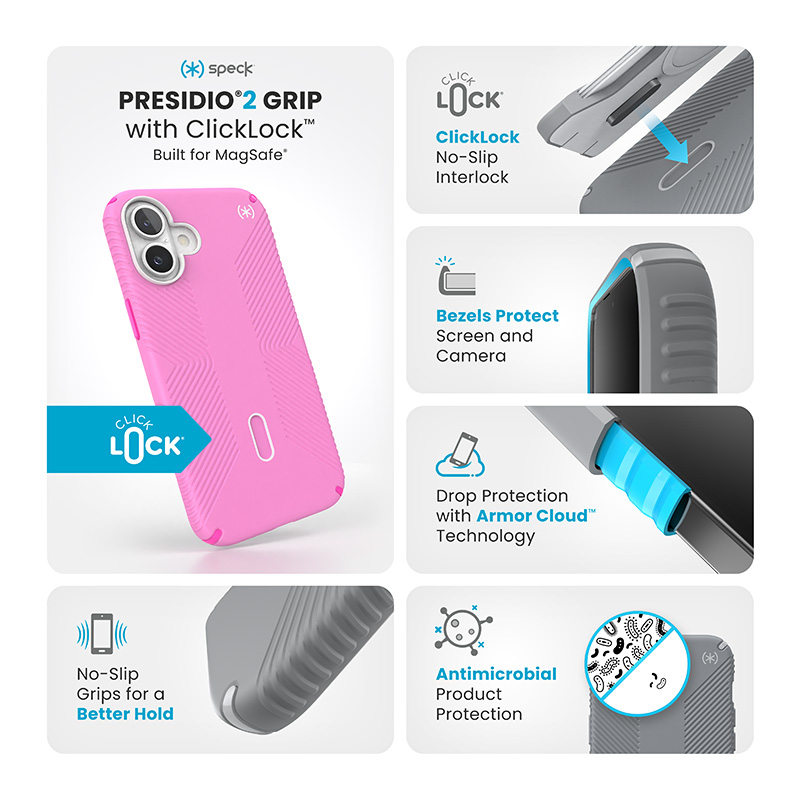 Speck Presidio2 Grip ClickLock & MagSafe - Etui iPhone 16 Plus (True Pink / Shocking Pink / White)