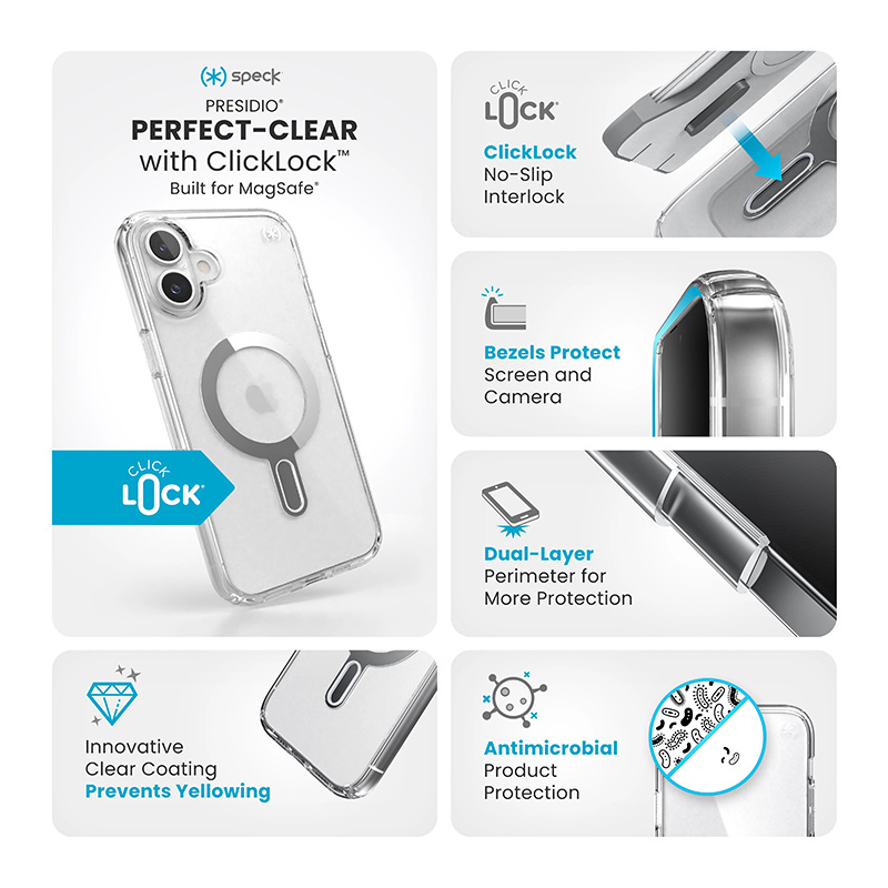 Speck Presidio Perfect-Clear ClickLock & MagSafe - Etui iPhone 16 Plus (Clear / Chrome Finish / Serene Silver)