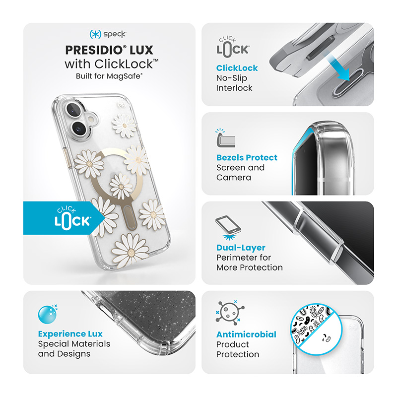 Speck Presidio Lux ClickLock & MagSafe - Etui iPhone 16 Plus (Sunshine Daisies / Clear / Gold)