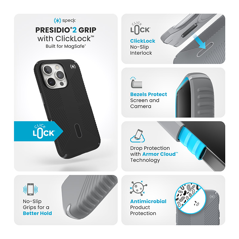 Speck Presidio2 Grip ClickLock & MagSafe - Etui iPhone 16 Pro (Black / Slate Grey / White)