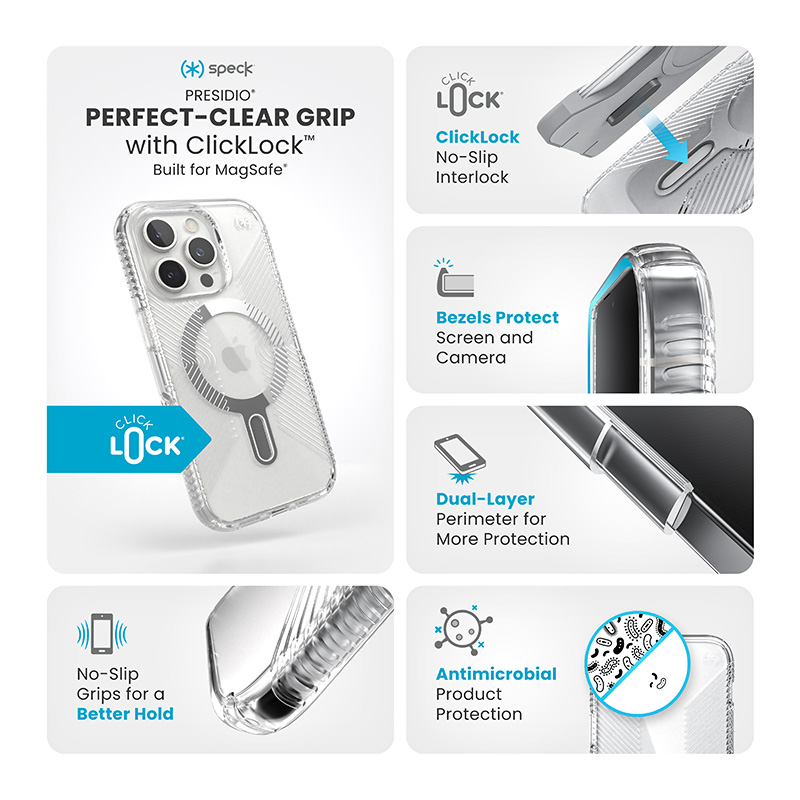 Speck Presidio Perfect-Clear Grip ClickLock & MagSafe - Etui iPhone 16 Pro (Clear / Chrome Finish / Serene Silver)