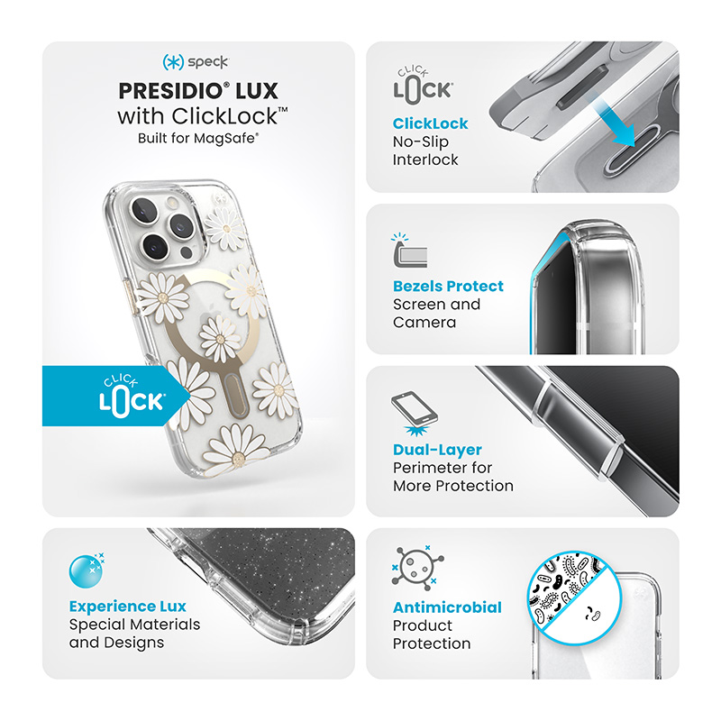 Speck Presidio Lux ClickLock & MagSafe - Etui iPhone 16 Pro (Sunshine Daisies / Clear / Gold)