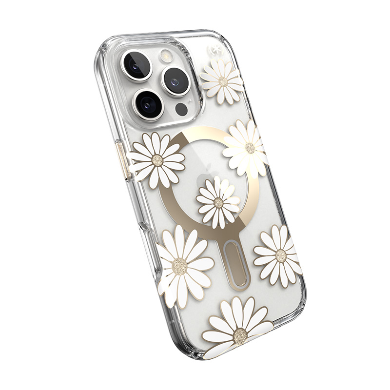 Speck Presidio Lux ClickLock & MagSafe - Etui iPhone 16 Pro (Sunshine Daisies / Clear / Gold)