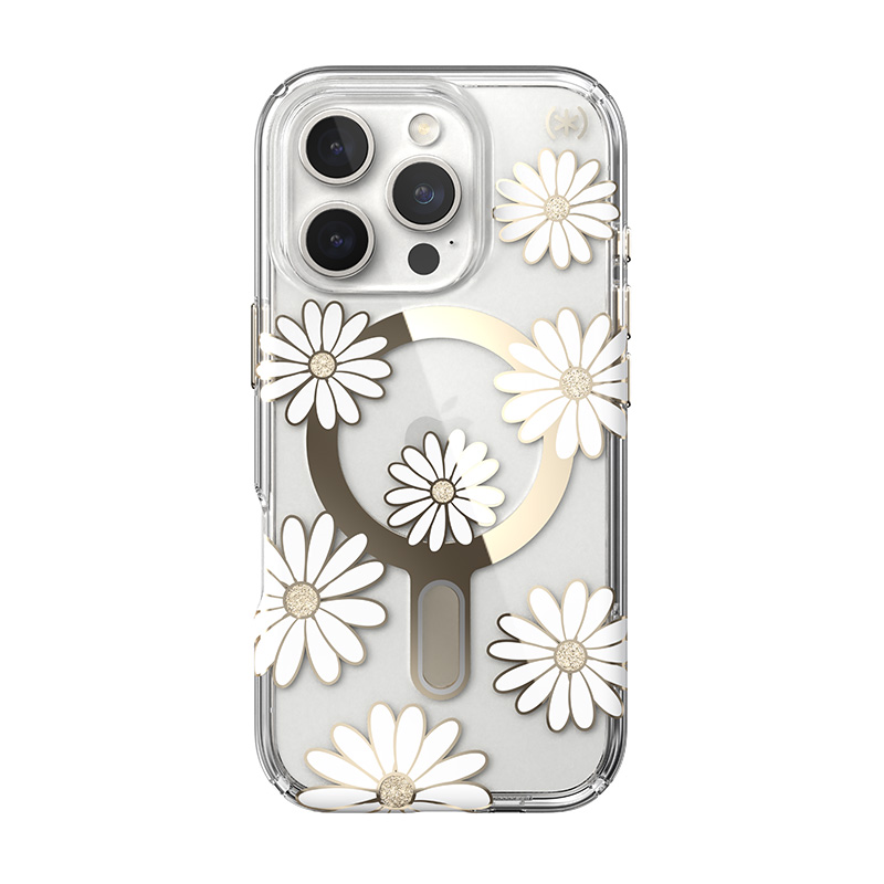 Speck Presidio Lux ClickLock & MagSafe - Etui iPhone 16 Pro (Sunshine Daisies / Clear / Gold)