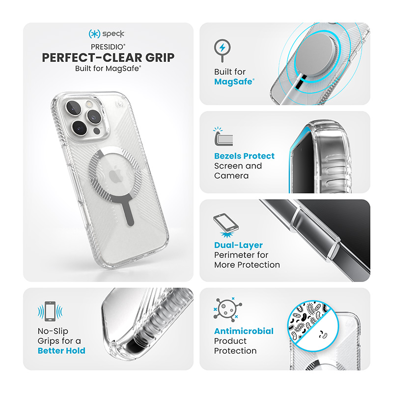 Speck Presidio Perfect-Clear Grip MagSafe - Etui iPhone 16 Pro Max (Clear / Chrome Finish / Serene Silver)